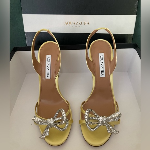 Aquazzura Babe satin slingback sandals with crystal-embellished bow at the toe. - Picture 6 of 9